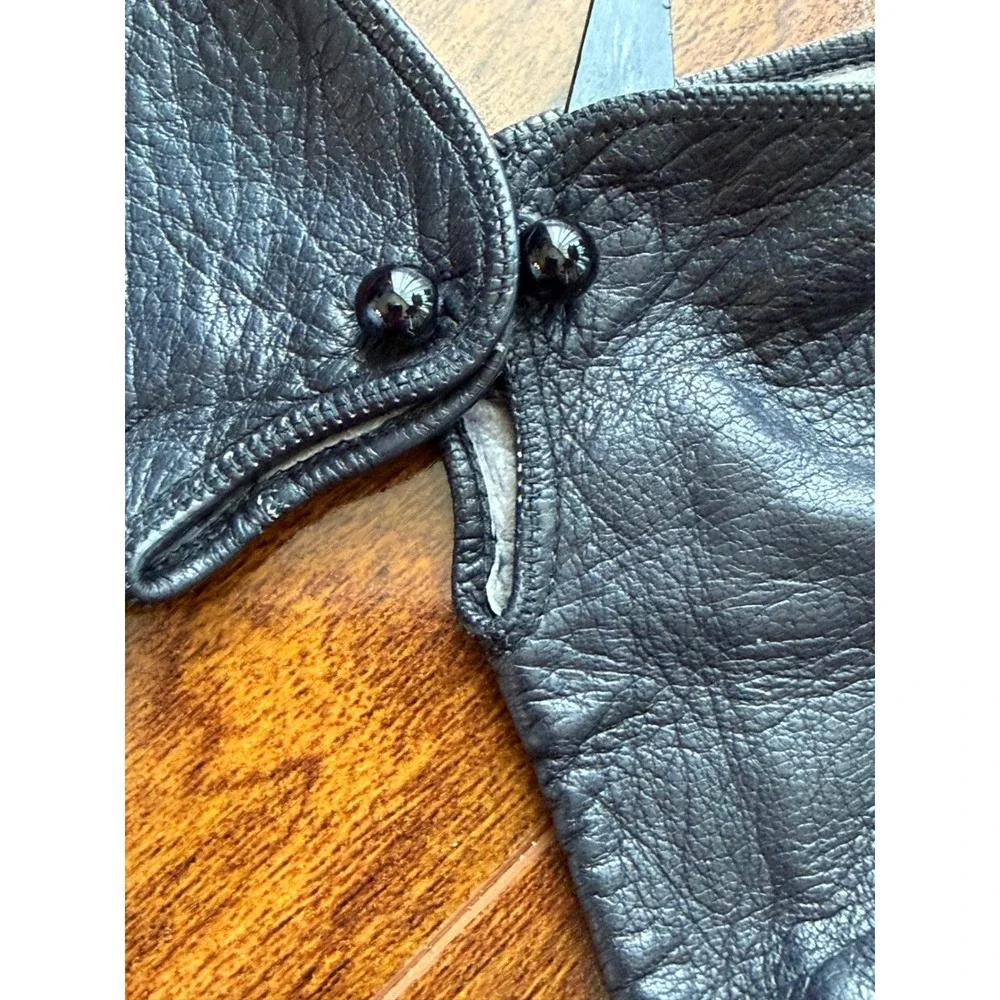 Vintage Black Leather Gloves Women Wrist Length Button Closure Classic Dress